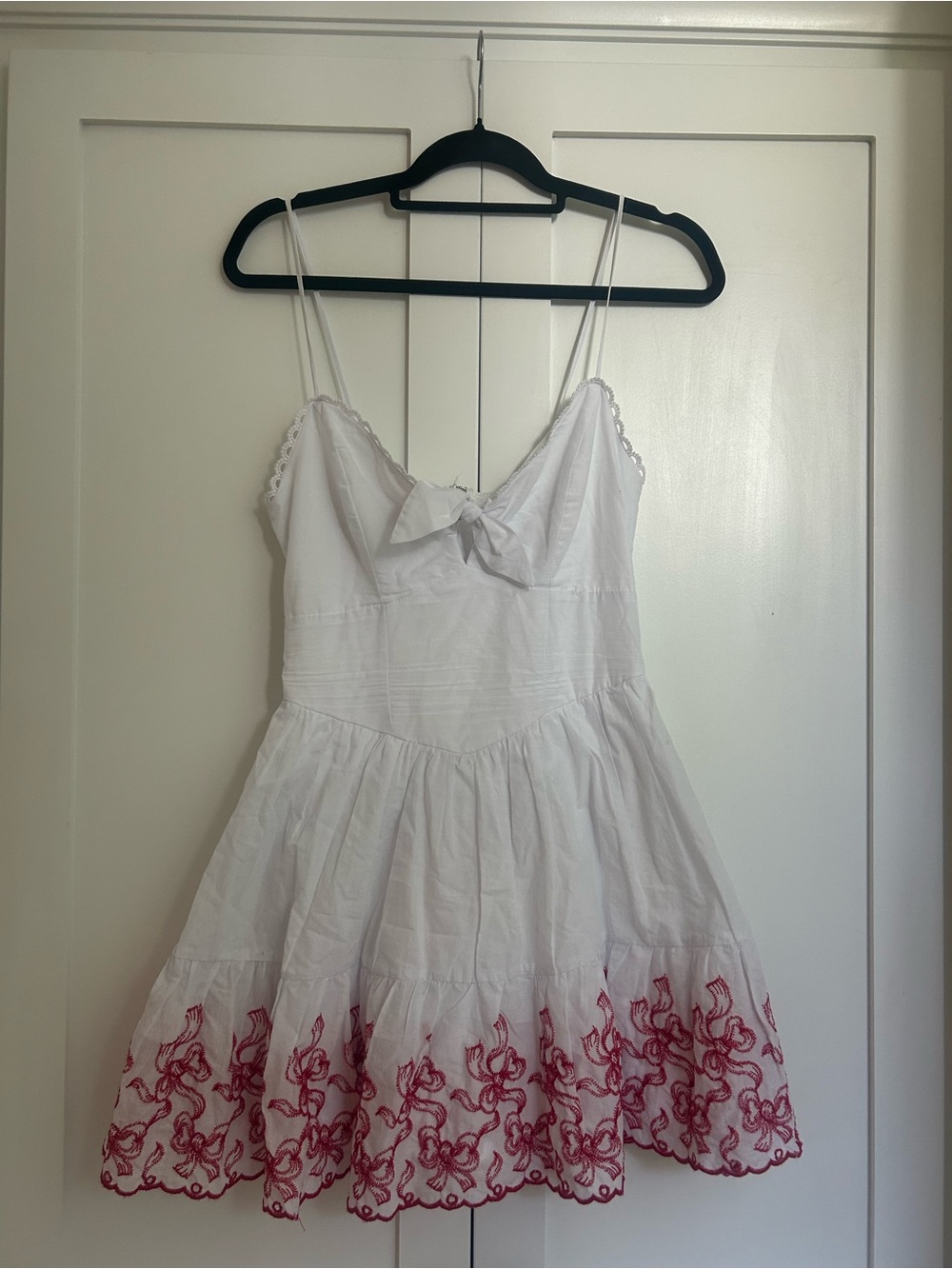 Francesca’s White Bow Embroidered Tie-Front Mini Dress